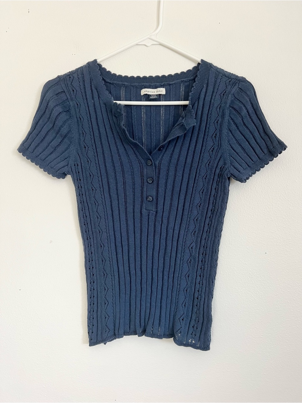 American Eagle Pointelle Knit Short Sleeve Top Blue Coquette Preppy Academia Tee